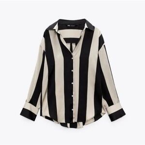 Zara Black and Cream Striped Button Down Satin Shirt